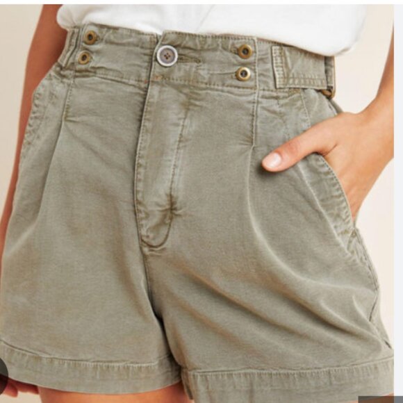 Anthropologie Liz Utility Green High Waisted Shorts Button Fly Size 25 - Picture 2 of 4